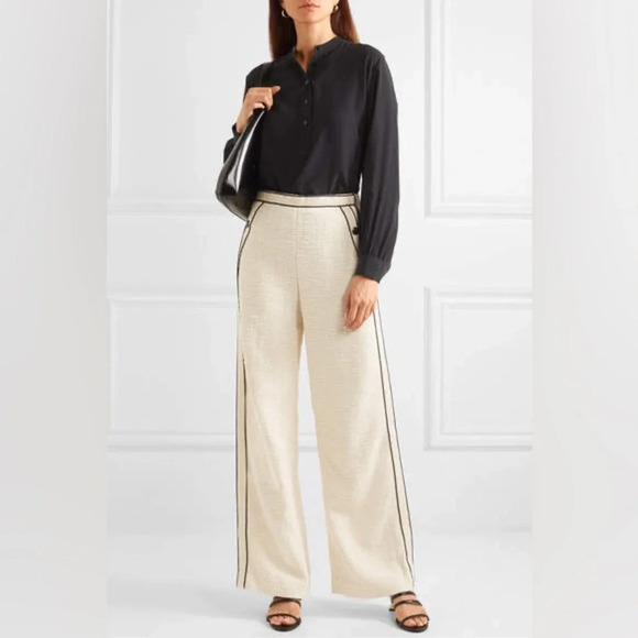 Maje Poppy Piped Cotton Boucle Wide Leg Pants in Ecru size 3/Large - Picture 1 of 13